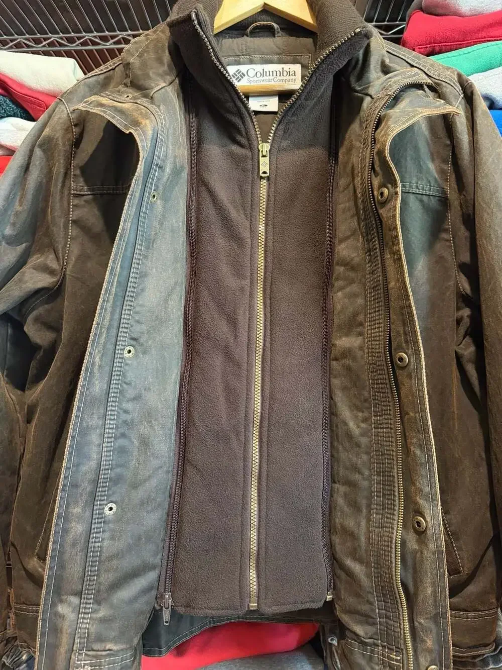 Columbia Vintage Brown Distressed Canvas Cotton Jacket with Fleece Lining XL